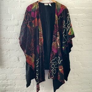 Chicos Artsy Embroidered Shawl Cape Multicolor Mixed Media Flowy Art To Wear